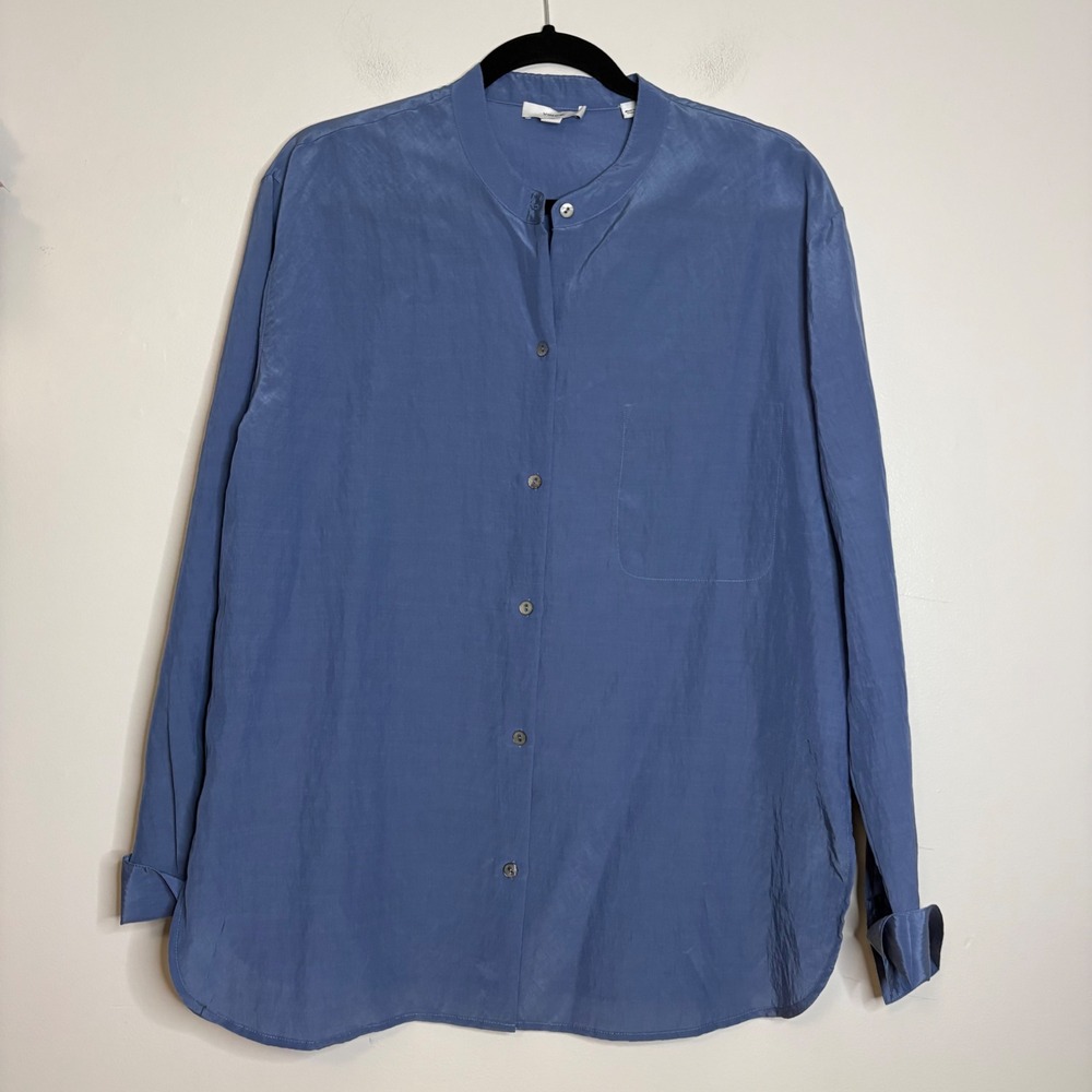 Vince‎ Band Collar Button Up Shirt Blue Cupro Tencel Blend Size L